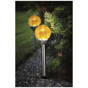 Lot de 2 bornes solaires Roma avec sphères en verre ambré pour jardin et allées.