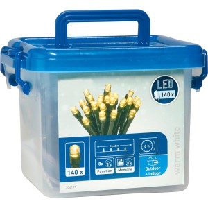 Guirlande lumineuse LED avec 140 LED blanc chaud dans une boîte en plastique avec câble vert.