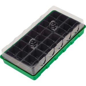 Serre d'intérieur OBI avec 36 godets, plateau vert, couvercle transparent.