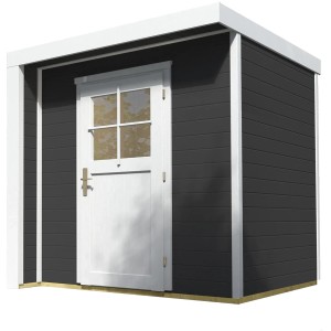 Moderna casetta da giardino in legno Weka antracite con tetto piatto e porta bianca.