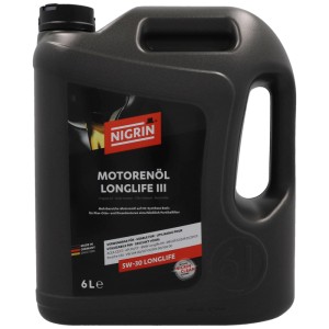 Huile moteur Nigrin Longlife III 5W-30, bidon de 6 litres pour moteurs essence et diesel.