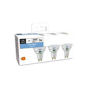 3er Set GU10 LED Leuchtmittel, 4W, kaltweiß, 345 Lumen, in Produktverpackung.