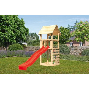 Tour de jeu Karibu Lotti avec mur d'escalade et toboggan bleu dans le jardin.
