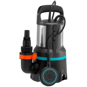 Pompe submersible eaux chargées Gardena 16000 l avec boîtier en acier inoxydable et interrupteur à flotteur.