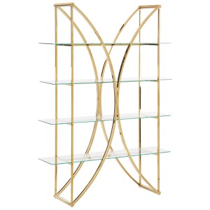 Étagère Beliani Hollow en acier inoxydable doré avec 4 étagères en verre et design incurvé.