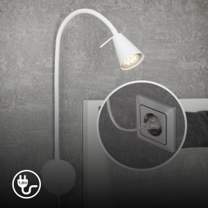 Lampe de chevet LED Briloner Tusa blanche avec bras flexible orientable, lumière blanc chaud.