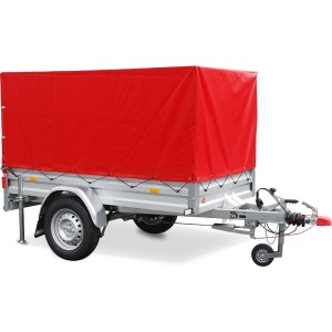 Remorque Stema Variolux 850 avec bâche haute rouge, béquilles et roue jockey.