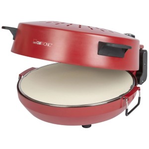 Clatronic Pizzamaker PM3787, grill elettrico rosso con pietra per pizza e coperchio aperto.