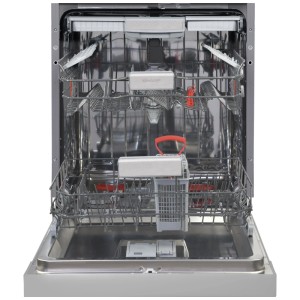 Lavastoviglie da incasso Sharp QW-NA25GS44BS aperta, color argento, con cestelli.