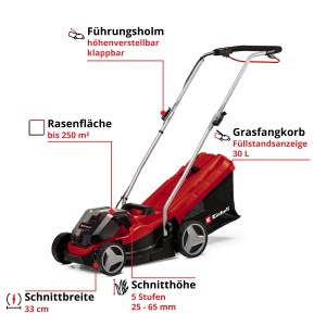 Tondeuse à batterie Einhell GE-CM 36/33 Li avec deux batteries et bac de ramassage. Idéale pour les petites pelouses.