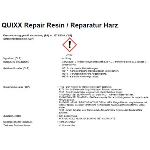 Foglio informativo per Quixx Kit di riparazione parabrezza con avvertenze di pericolo e precauzioni di sicurezza.