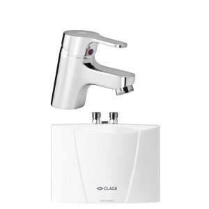 Chauffe-eau instantané Clage M3-E/End avec robinet, unité sous évier pour cuisine ou salle de bain.