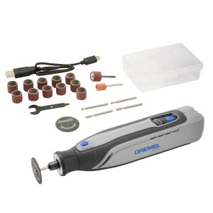 Outil multifonction sans fil Dremel 8150-20 avec accessoires, câble USB-C et coffret.
