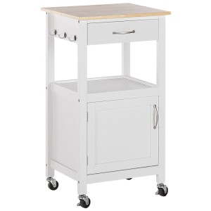Chariot de service Beliani Siena en bois blanc avec tiroir, porte et roulettes (89x48x39cm).