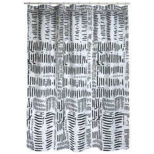 Tenda doccia in tessuto nero Spirella Connection, 180x200 cm, con motivo astratto.