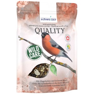 Confezione da 1,2 kg di miscela per uccelli selvatici Quality con uccello sul ramo. Alimento per uccelli con cinorrodi e bacche.
