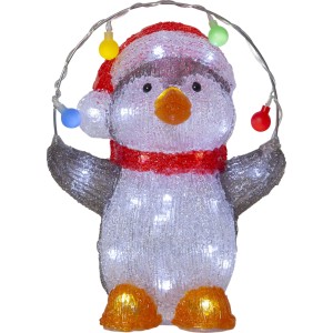 Figura LED pinguino Crystalo con cappello rosso, sciarpa e catena luminosa colorata. LED bianchi freddi, acrilico, decorazione esterna.