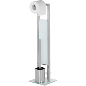 Wenko Ensemble WC sur pied Rivalta, argent mat, avec porte-papier toilette et brosse.