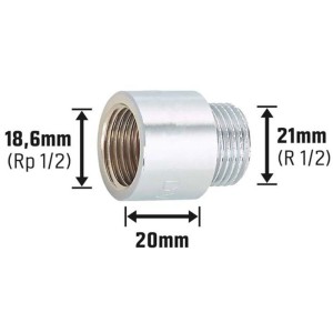 Prolunga rubinetto in ottone cromato, 18,6 (Rp 1/2) x 21 mm (R 1/2) / 20 mm per raccordi filettati.
