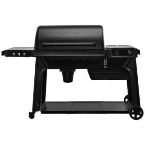 Traeger Woodridge Pro barbecue à pellets en acier, noir, avec contrôle digital et étagère latérale.
