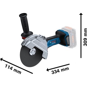Smerigliatrice angolare a batteria Bosch Professional GWS 18V-180 P Solo con accessori e dimensioni.