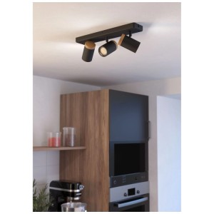 Plafonnier Eglo ConsumaGU10, 3 lampes, acier/bois noir, spots orientables.