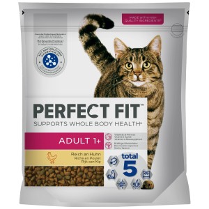 Perfect Fit Adult 1+ aliment sec pour chat au poulet, paquet de 1400g avec chat.