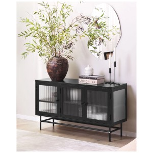 Buffet noir Devon avec 3 portes en verre et structure en métal. Meuble moderne pour salon ou couloir.