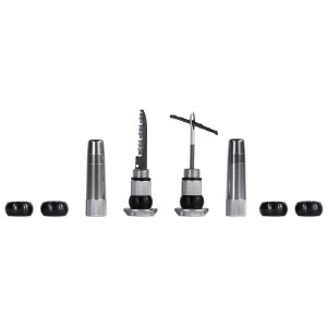Muc-Off Pannenkit Stealth Tubeless Puncture Plugs in Silber, bestehend aus Werkzeug, Stopfen und Lenkerendkappen.