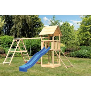 Tour de jeux Karibu Lotti avec balançoire double, rampe filet, structure d'escalade et toboggan bleu.