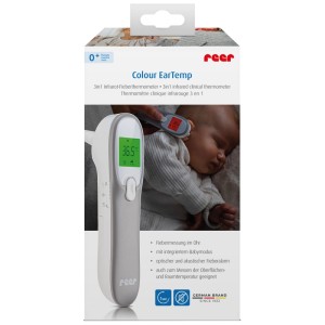 Reer Infrarot-Fieberthermometer zur Ohrmessung, Verpackung mit Thermometer und Baby