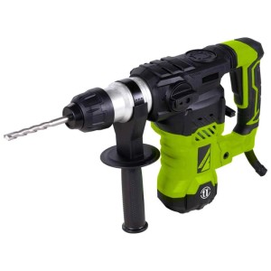 Perforateur burineur Zipper, 1500 W, noir et vert, avec poignée auxiliaire et foret.