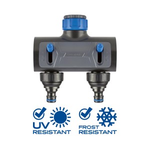 Distributeur LUX à 2 voies pour tuyaux d'arrosage, 26,4 mm à 33,3 mm, en plastique robuste, résistant au gel et aux UV.