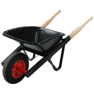 Carriola Perfecta nera con vasca da 60 l e manici in legno di frassino.