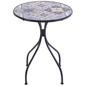 Tavolino da giardino Beliani Civita con piano in mosaico di ceramica e struttura in ferro nero.