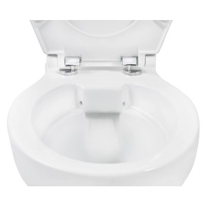 Sanitop-Wingenroth WC sospeso, senza brida, bianco, con sedile aperto. Vaso a cacciata per maggiore igiene.