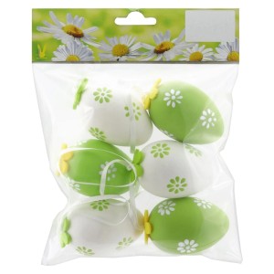 Decorazioni pasquali: 6 uova da appendere, bianche e verdi con motivo floreale, 6 cm, in plastica.