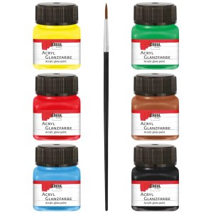 Kreul Acrylfarben-Set mit 6 Farben (Gelb, Rot, Blau, Grün, Braun, Schwarz) und Pinsel.