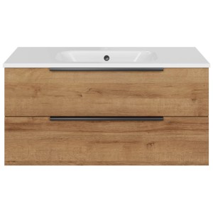 Meuble sous-vasque Pelipal Quantum 07, Chêne Riviera, largeur 100 cm, avec 2 tiroirs et poignées noires.