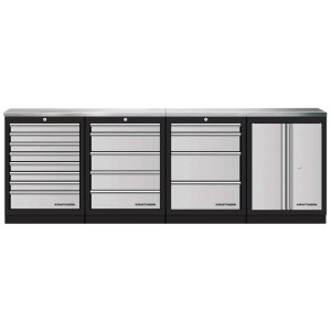Kraftwerk Mobilio, composizione da officina a 4 elementi in acciaio inox con cassetti e armadio.
