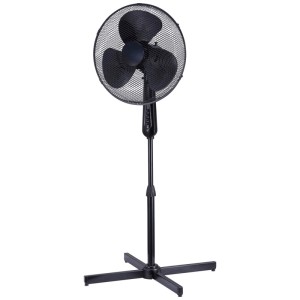 Ventilateur sur pied noir, hauteur réglable, avec grille de protection et trois pales.