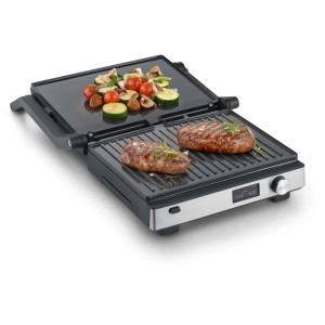 Severin KG2380: Grill elettrico in acciaio inox/nero-argento con bistecche e verdure.