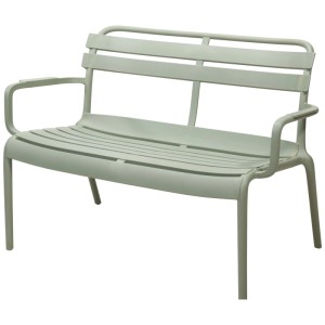 Panca da giardino impilabile in acciaio verde con braccioli per 2 persone. Design senza tempo.