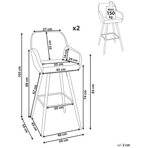 Schéma : Tabouret de bar Beliani Darien, lot de 2, beige, avec dimensions. Idéal cuisine et bar.