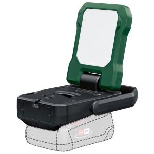 Bosch Akku-LED-Leuchte EasySpotLight 18V-400 mit drehbarem Leuchtenkopf und angedeutetem Akku.