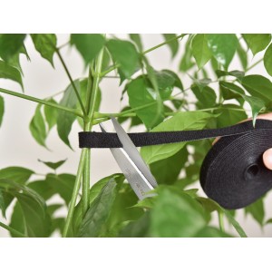 Utilisation d'attache pour plantes : Une plante est fixée avec des ciseaux et l'attache velcro noire.