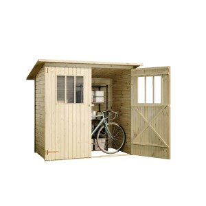 Abri de jardin Alpholz Zimowit ouvert, non traité, avec toit monopente et vélo à l'intérieur.