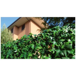 Haie artificielle Tenax Divy 3D Helix, 0,5x1 m, comme brise-vue de balcon vert devant une maison.