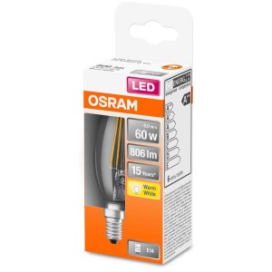 Osram LED-Lampe E14 Kerzenform, 6W, 806lm, Warmweiss, Filament in Verpackung.