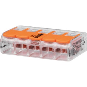 Jeu de bornes à levier OBI Wago, 10 pièces, boîtier transparent avec leviers orange.